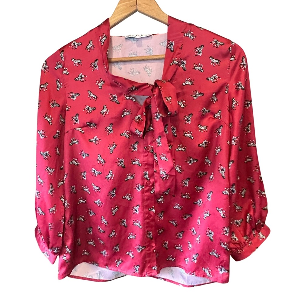 Zebra‎ Print Bow Tie Neck Blouse S Red 3/4 Sleeve Top Boho Chic Relaxed Fit